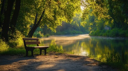 Park bench beside a calm river, surrounded by lush green trees and soft sunlight reflecting on the water.