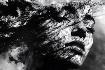 Wall Mural - Black and White Abstract Portrait of a Woman with Trees and Clouds