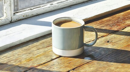 Poster -   A cup of coffee sitting on a wooden table near a sunlit window sill