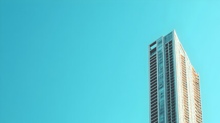 A single skyscraper against a clear blue sky.


