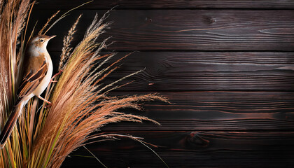 A  Reed warbler bird on a branch of wheat on a dark wooden background with copy space