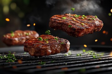 3D flying brisket and grilled meat collection ultra realistic food photo with detailed steak composition