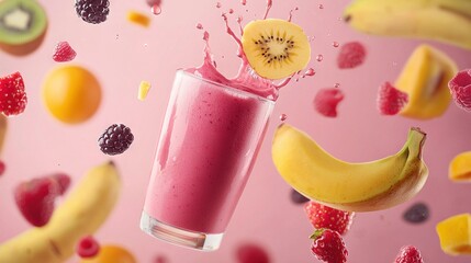 Wall Mural -   A smoothie with kiwis, raspberries, bananas, and kiwis falling into it