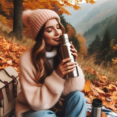  Cute young woman drinks hot drink from thermos and enjoys nature. Autumn landscape. relax concept.