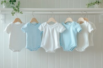 Baby hung on pastel colored hanger, baby girl in light blue and white for newborn hanging on a rack with baby dress  