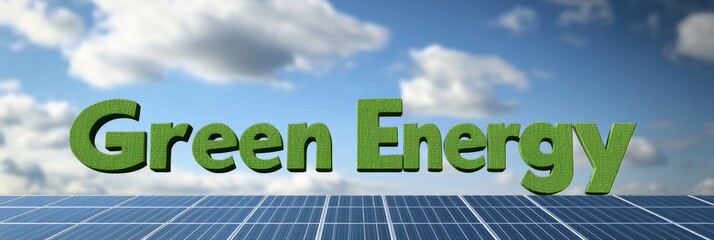 The image is of a green energy sign with a blue sky background