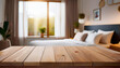 © Arda ALTAY - Empty wooden tabletop with modern bedroom interior background. Product display for your design