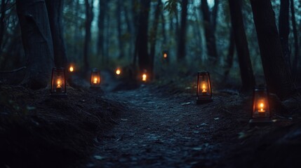 Poster - A narrow path winds through a dark forest, softly lit by glowing lanterns, creating an enchanting atmosphere during twilight. The flickering lights enhance the peaceful ambiance of the surroundings.