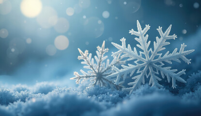 Wall Mural - Frosty snowflakes on snow with soft lights winter background.