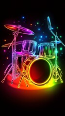 A colorful drum set with neon lights surrounding it