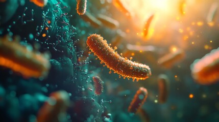 Fototapete - Exploring a microscopic world, colorful bacteria float in a dynamic environment enhanced by warm, glowing light. The intricate details reveal the complexity of life at a tiny scale.