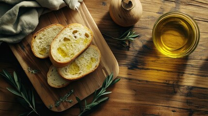 Wall Mural - Flat lay of bread and olive oil sauce