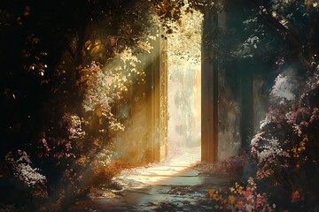 Wall Mural - Mystical forest path leading to a light with stone pathway and trees on both sides