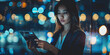 © Adnan - Businesswoman Using Tablet at Night, Digital Communication in Urban Cityscape