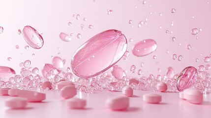 Sticker -   A group of pink pills suspended in the sky with droplets of water surrounding them on the ground and above