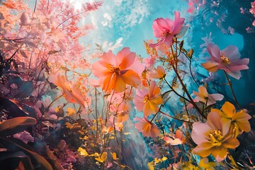 Wall Mural - Abstract surreal garden with colorful flowers and sunbeams shining through. Artistic, vibrant, dreamlike photo.