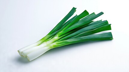 Poster -   A green onion close-up on a white background with a prominent green stem