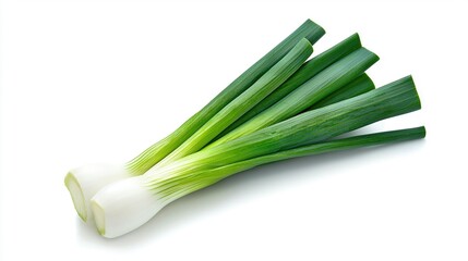 Wall Mural -   A detailed view of several green onions against a white backdrop, with cuts at the edges of the frame