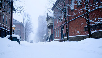 Wall Mural - Alley in snowy morning isolated with white highlights, png