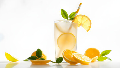 Wall Mural - Summer lemonade with a straw on a transparent background isolated with white highlights, png