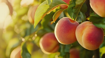 Poster -   A cluster of juicy peaches dangling from a tall tree, their green leaves rustling gently in the warm sunlight filtering through