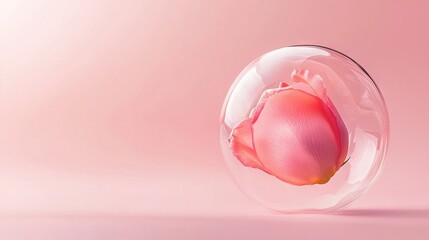 Wall Mural -   A pink rose in a glass vase on a pink background with the flower reflected in the vase