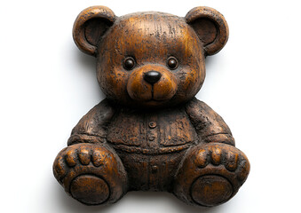 A brown teddy bear statue against white surface.

