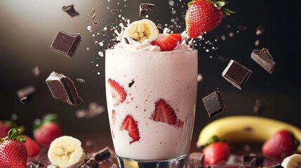 Wall Mural -   A milkshake made with strawberries, bananas, and chocolate sits on a table with scattered chocolate chunks and fresh strawberries