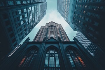 Wall Mural - Low angle view of tall skyscrapers in city, looking up at buildings from the street.