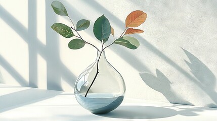 Wall Mural -   A vase with a plant inside is resting on a table with a cast shadow against the wall