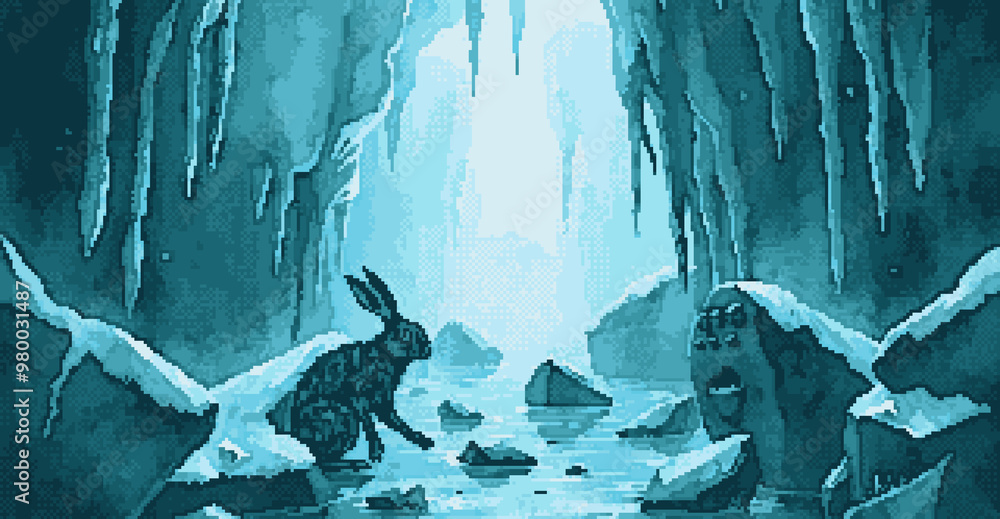 Pixel art ice cave rabbit, fantasy cold environment survival and ...