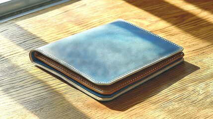   Three leather wallets sit on a wooden table on a hardwood floor