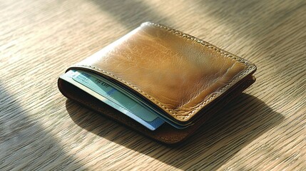 Wall Mural -   A wallet sits atop a wooden table, with a credit card protruding from its front pocket and a modest sum of cash visible from the front