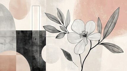 Wall Mural -   Black-and-white photo of a flower on a gray-and-pink background surrounded by a black-and-white rectangle