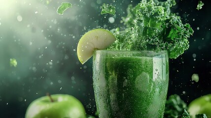 Wall Mural -  A green apple in the foreground, with a slice of apple atop it and a glass of green apple juice in the backdrop