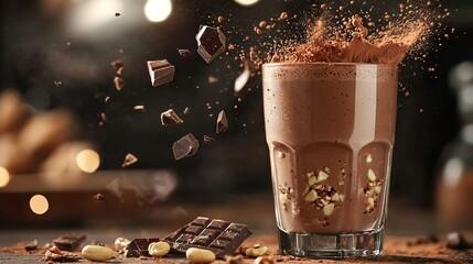 Poster -   A glass brimming with chocolate and adorned with sprinkles rests on a nearby table amidst an enticing array of nuts