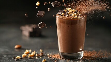 Wall Mural -   A table holds a chocolate-filled glass, garnished with sprinkles, next to a nutty pile