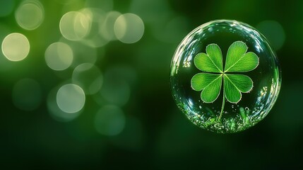   Close-up of a glass ball with a four-leaf clover inside, set against a lush green bokeh backdrop