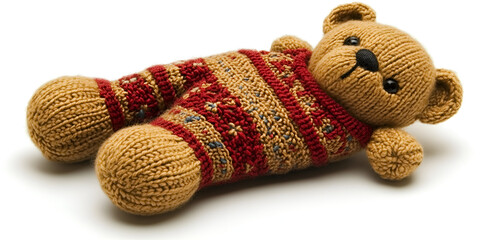 A stuffed bear in a brown and red sweater.

