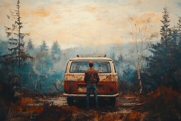 Wall Mural - Man in front of a vintage van parked in a forest at sunset. Concept of road trip, adventure, and freedom.