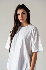 Wall Mural - Stylish mockup of a plain  white oversized t-shirt on a young woman, ideal for branding and design