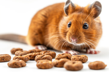 Brown hamster with whiskers and paws enjoying treats near its tail with curious eyes