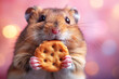 © Hype2Art - Adorable hamster eating a cracker, cute furry animal with pink background and bokeh effect