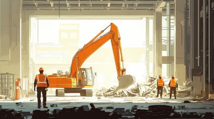 Construction workers in orange vests monitor an excavator as it clears rubble inside a large, sunlit building during a demolition process.