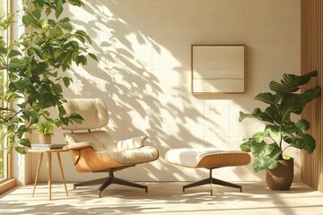 Sticker - Modern Living Room with Armchair, Ottoman, Plants, and Sunlight