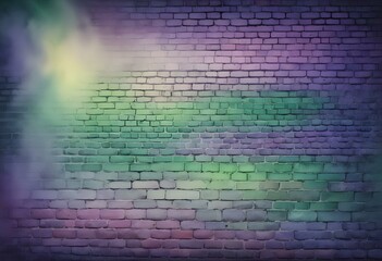 surreal and dreamlike, An industrial-style brick wall featuring intense green and purple lighting, with contrasting dark corners, creating depth and a sense of intrigue in the background., saturated, 