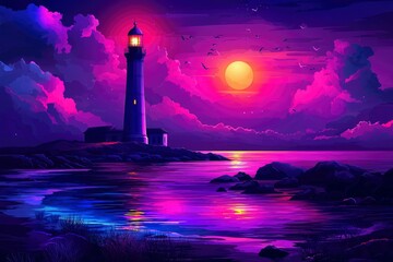 Wall Mural - A Luminous Lighthouse Standing Tall Against a Vibrant Sunset Sky