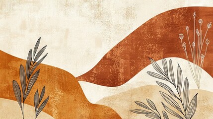 Wall Mural -  A desert landscape painting features plants and a bird on a tree branch prominently in the foreground