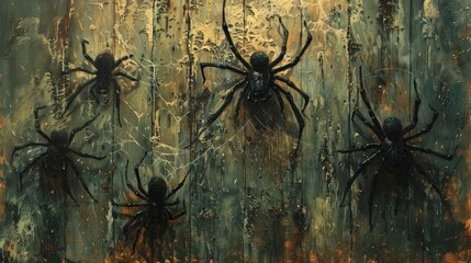 Wall Mural - an eerie and moody digital painting featuring a group of ominous black spiders crawling on an aged t