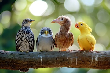 Canvas Print - Four different birds sitting on a branch in a row, with a blurred green background, the focus is on the birds.  Concept of diversity, friendship, and nature.